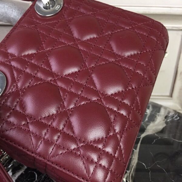 Christian Dior Mini Lady Dior Bag 18cm with Chain Silver Hardware Lambskin Leather Spring/Summer Collection, Burgundy - Image 11