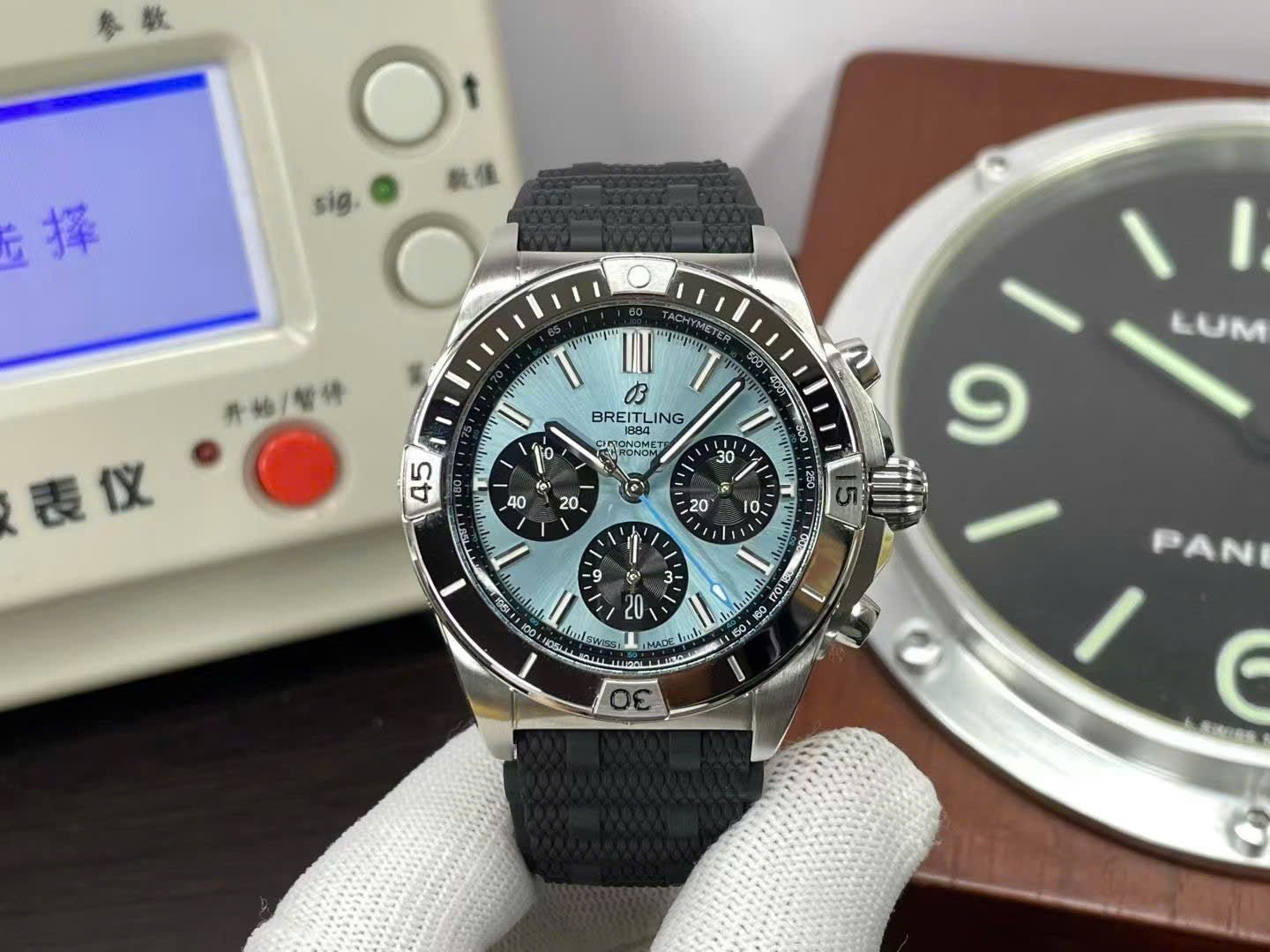 Breitling Watch Super Chronomat B01 Ice Blue Dial Rubber Strap 44mm