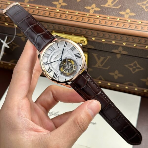 Cartier Drive Tourbillon Watch Dial Guiloche Motif Leather Strap 41mm - Image 2