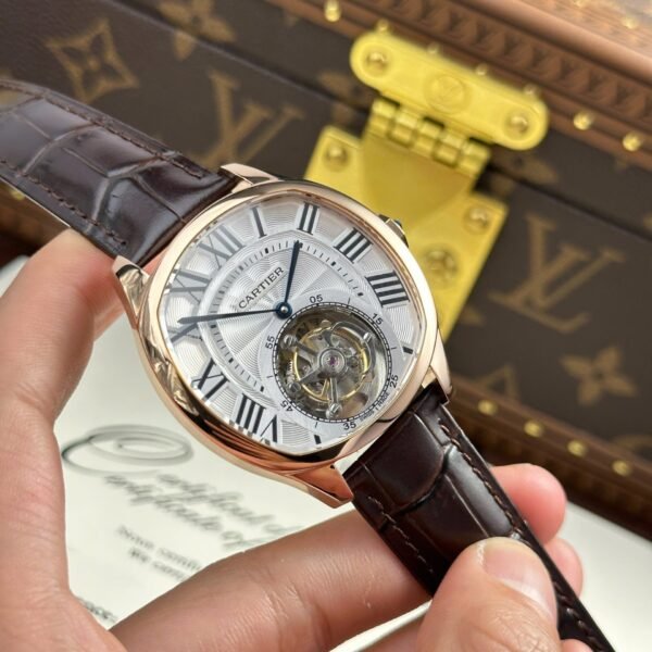 Cartier Drive Tourbillon Watch Dial Guiloche Motif Leather Strap 41mm - Image 3