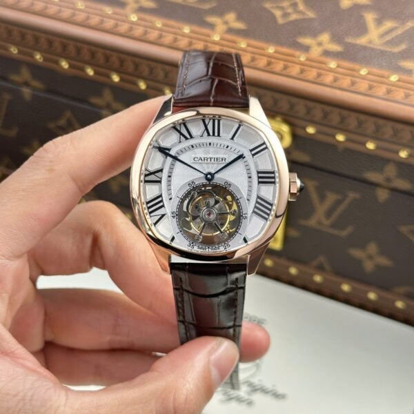 Cartier Drive Tourbillon Watch Dial Guiloche Motif Leather Strap 41mm