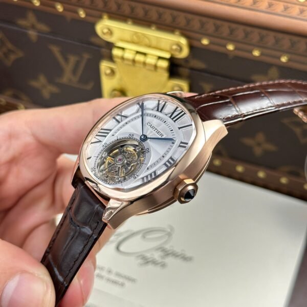 Cartier Drive Tourbillon Watch Dial Guiloche Motif Leather Strap 41mm - Image 8