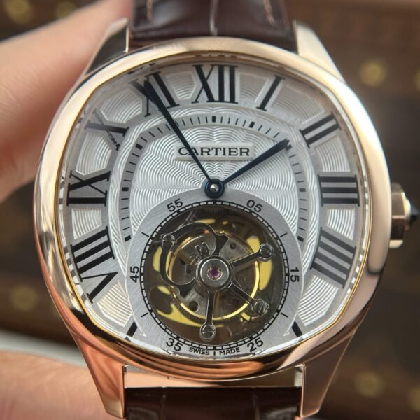 Cartier Drive Tourbillon Watch Dial Guiloche Motif Leather Strap 41mm - Image 4