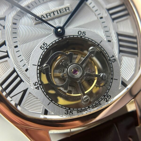 Cartier Drive Tourbillon Watch Dial Guiloche Motif Leather Strap 41mm - Image 5