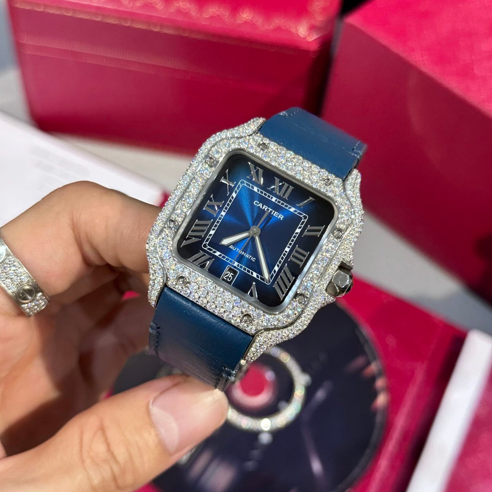 Cartier Santos Watch Blue Dial Moissanite Diamonds 39.8mm - Image 3