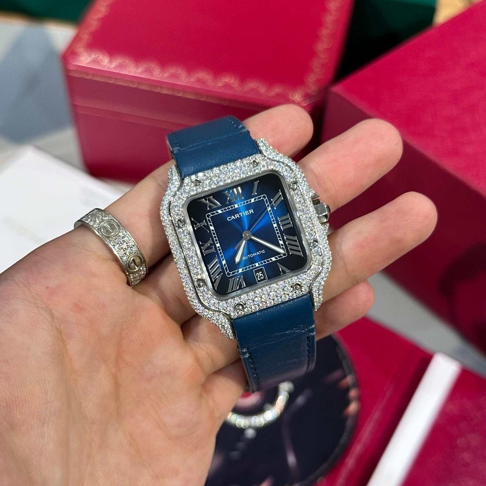 Cartier Santos Watch Blue Dial Moissanite Diamonds 39.8mm - Image 2