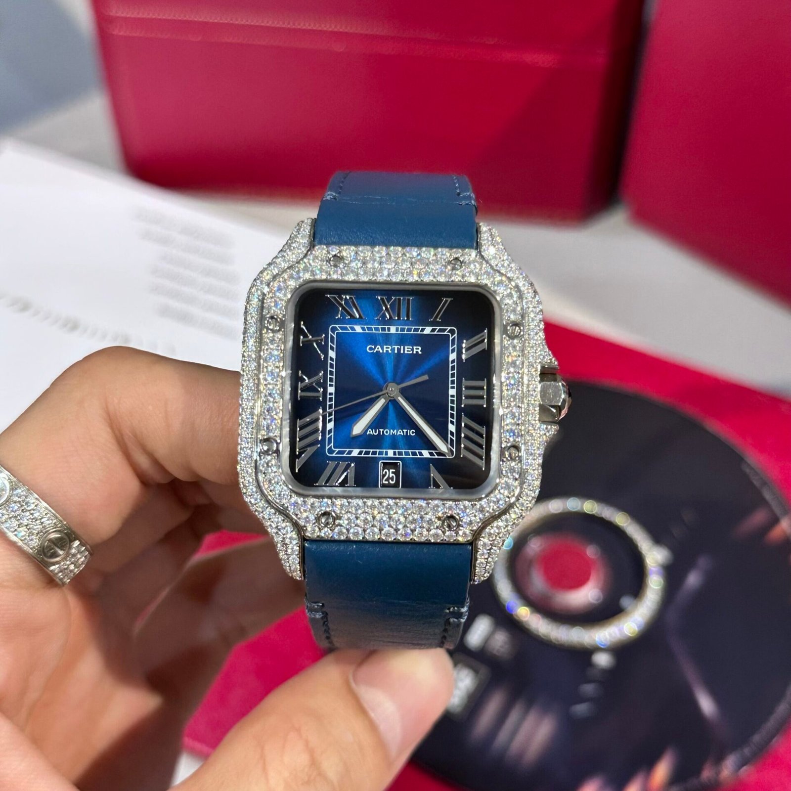 Cartier Santos Watch Blue Dial Moissanite Diamonds 39.8mm