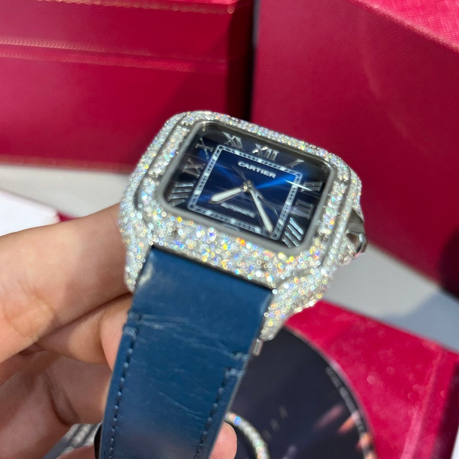 Cartier Santos Watch Blue Dial Moissanite Diamonds 39.8mm - Image 4