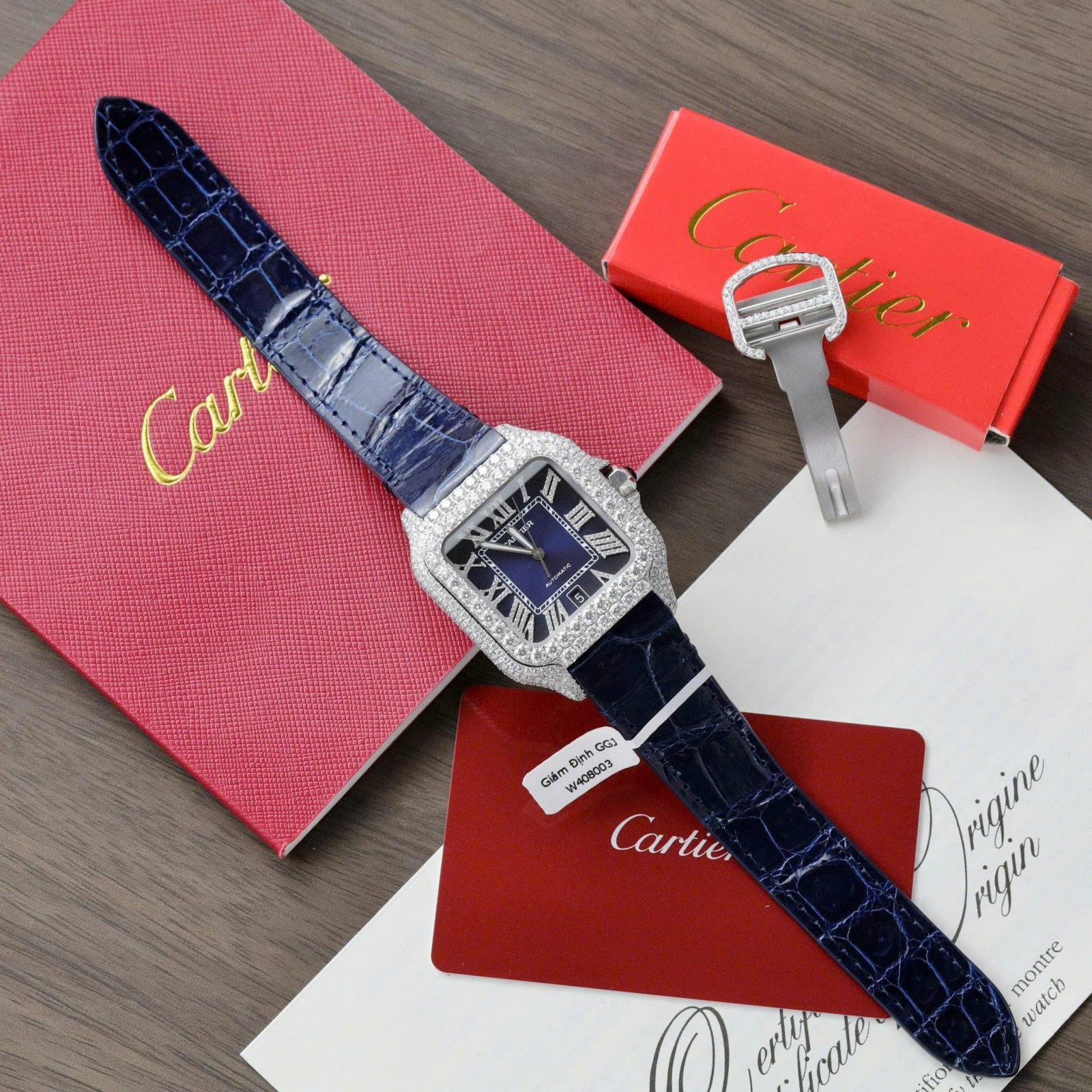 Cartier Santos Watch Dial Blue Diamonds Moissanite 39.8mm