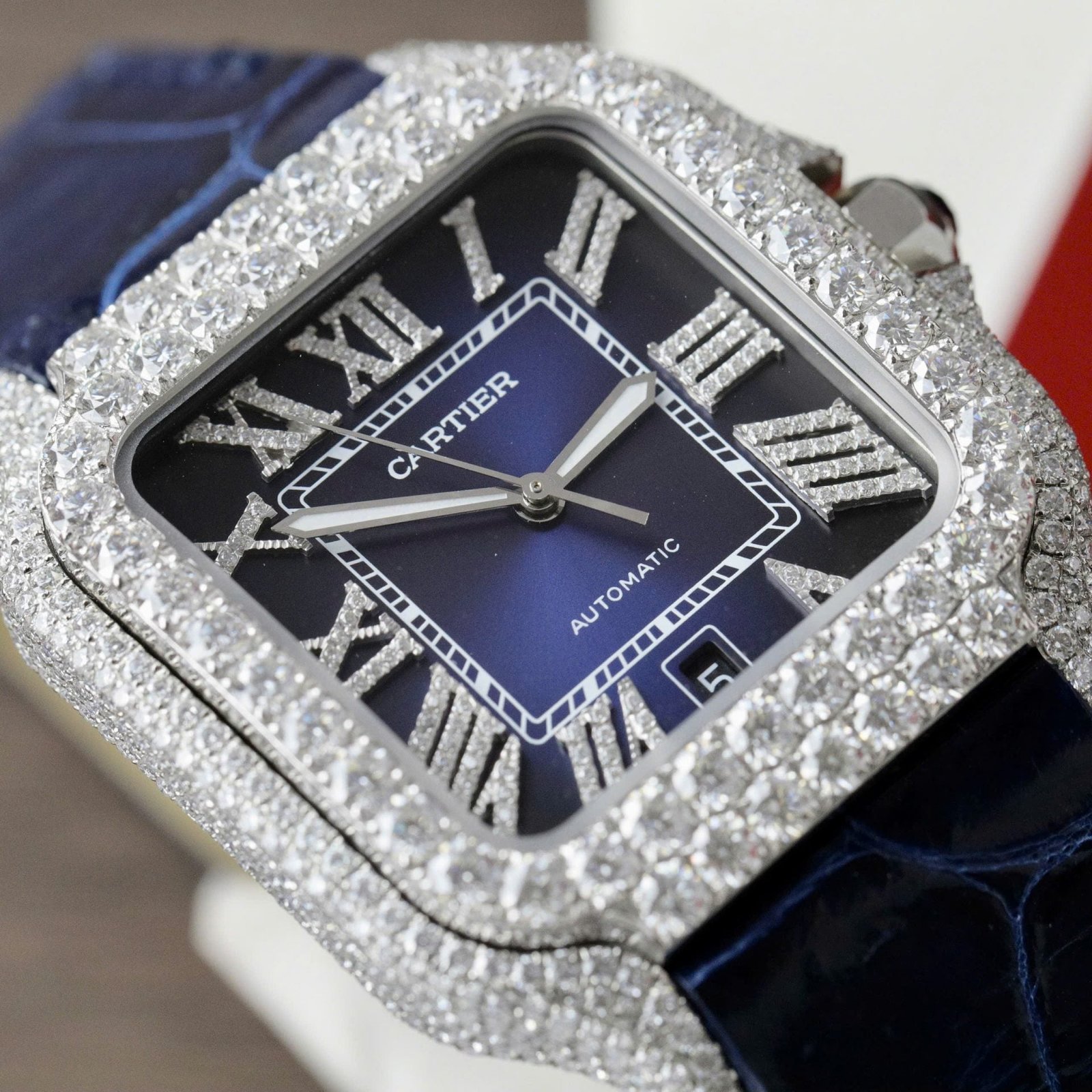 Cartier Santos Watch Dial Blue Diamonds Moissanite 39.8mm - Image 3