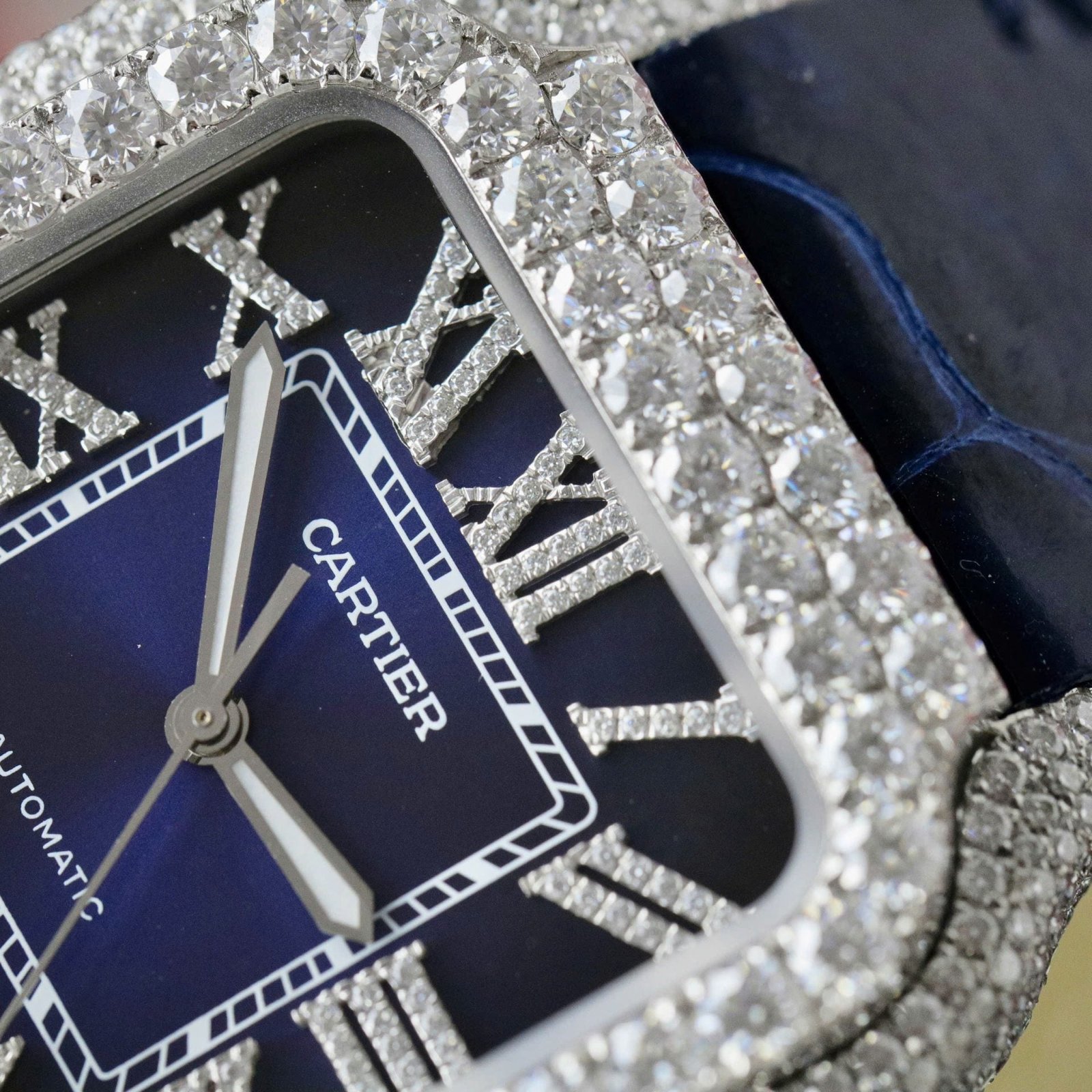 Cartier Santos Watch Dial Blue Diamonds Moissanite 39.8mm - Image 4