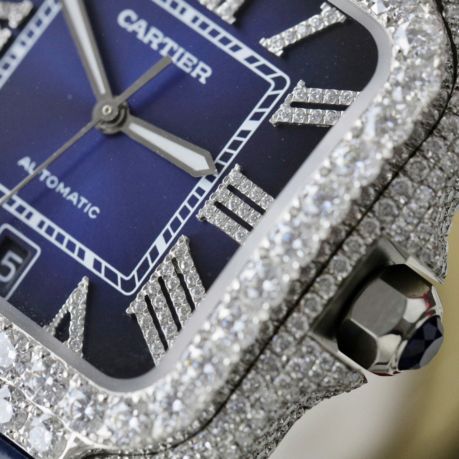 Cartier Santos Watch Dial Blue Diamonds Moissanite 39.8mm - Image 5