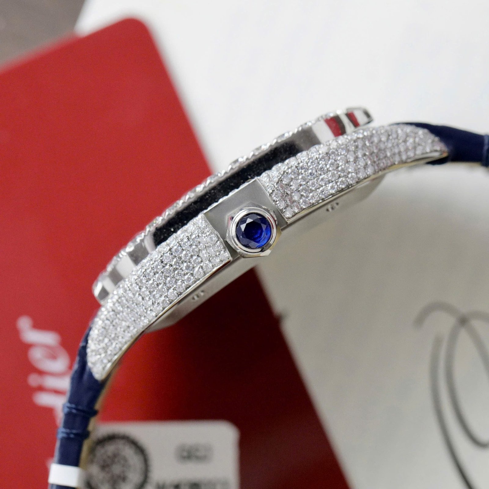 Cartier Santos Watch Dial Blue Diamonds Moissanite 39.8mm - Image 6