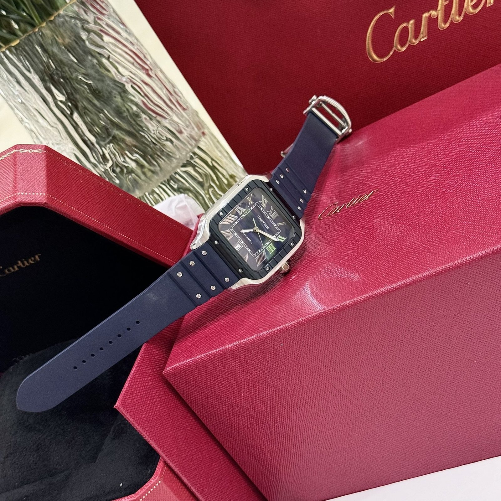 Cartier Santos Watch Rubber Blue Strap 39.8mm - Image 2