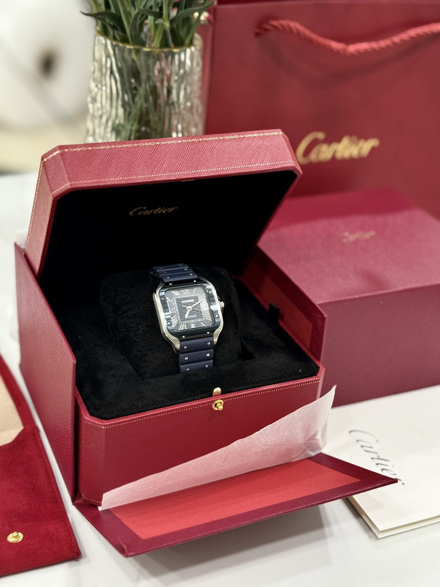 Cartier Santos Watch Rubber Blue Strap 39.8mm