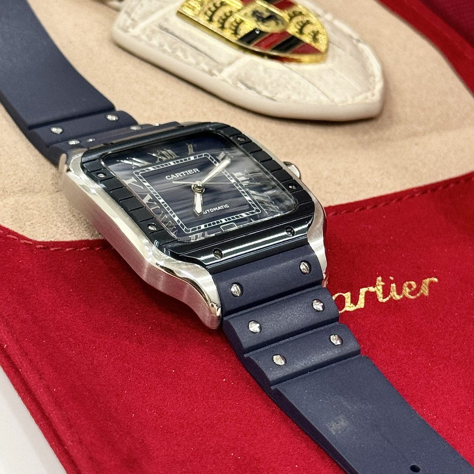 Cartier Santos Watch Rubber Blue Strap 39.8mm - Image 4