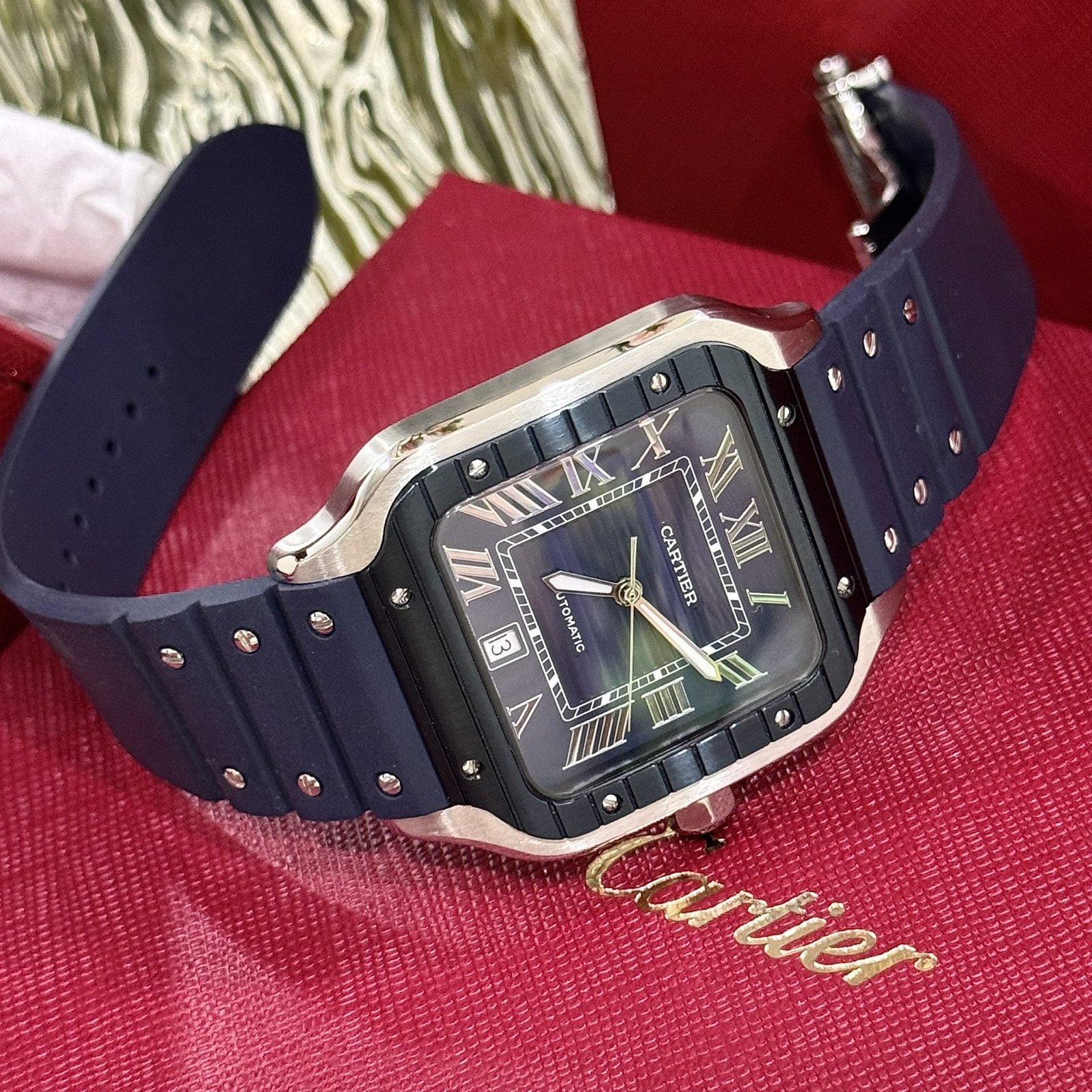 Cartier Santos Watch Rubber Blue Strap 39.8mm - Image 3