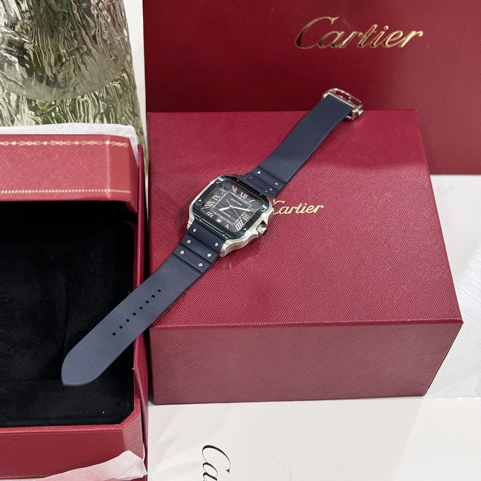 Cartier Santos Watch Rubber Blue Strap 39.8mm - Image 5
