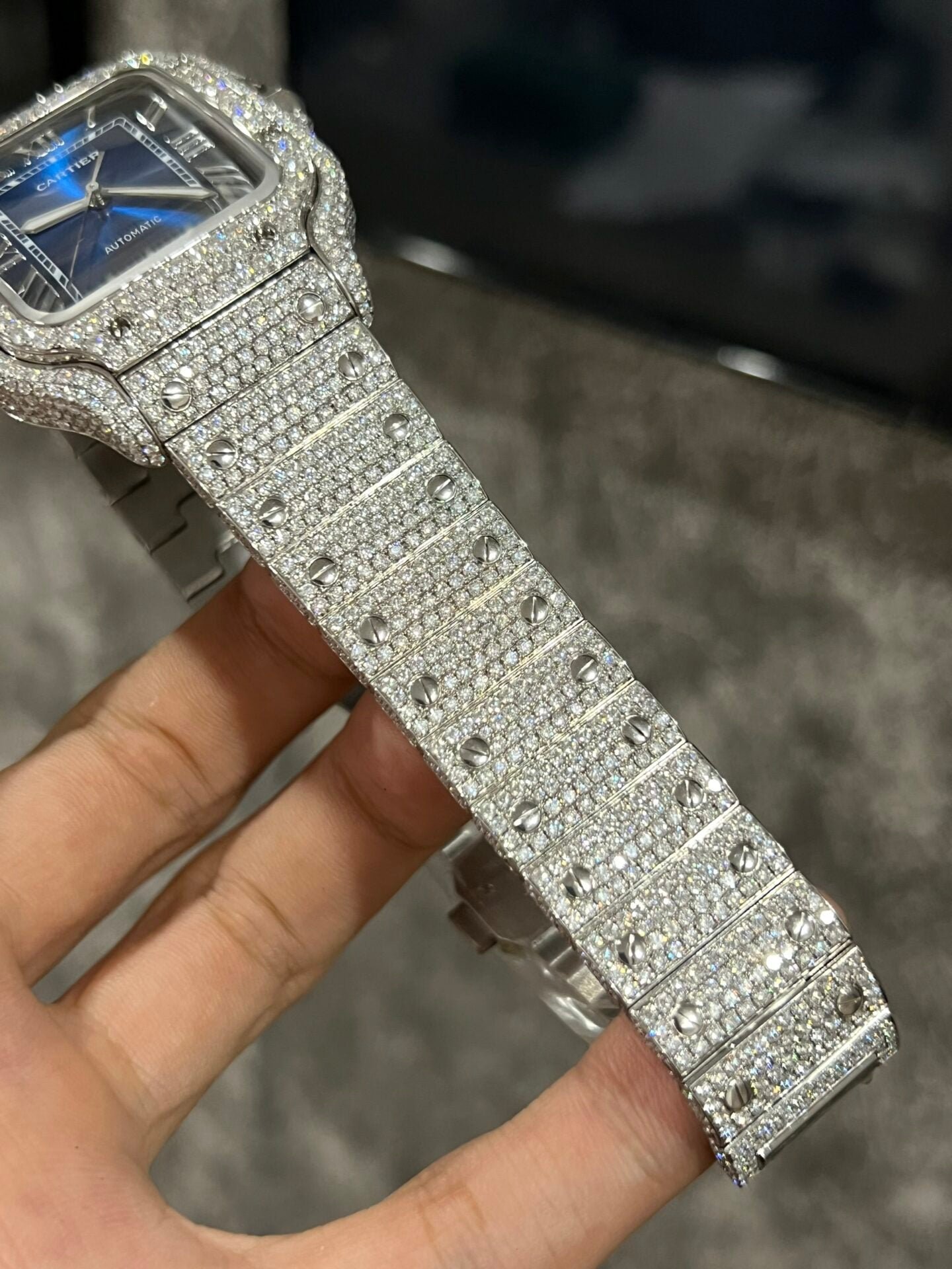 Cartier Santos Watch Moissanite Diamonds Blue Dial 39.8mm - Image 6