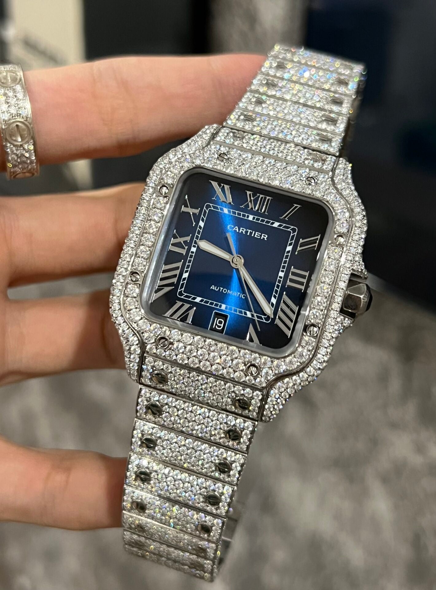 Cartier Santos Watch Moissanite Diamonds Blue Dial 39.8mm - Image 3