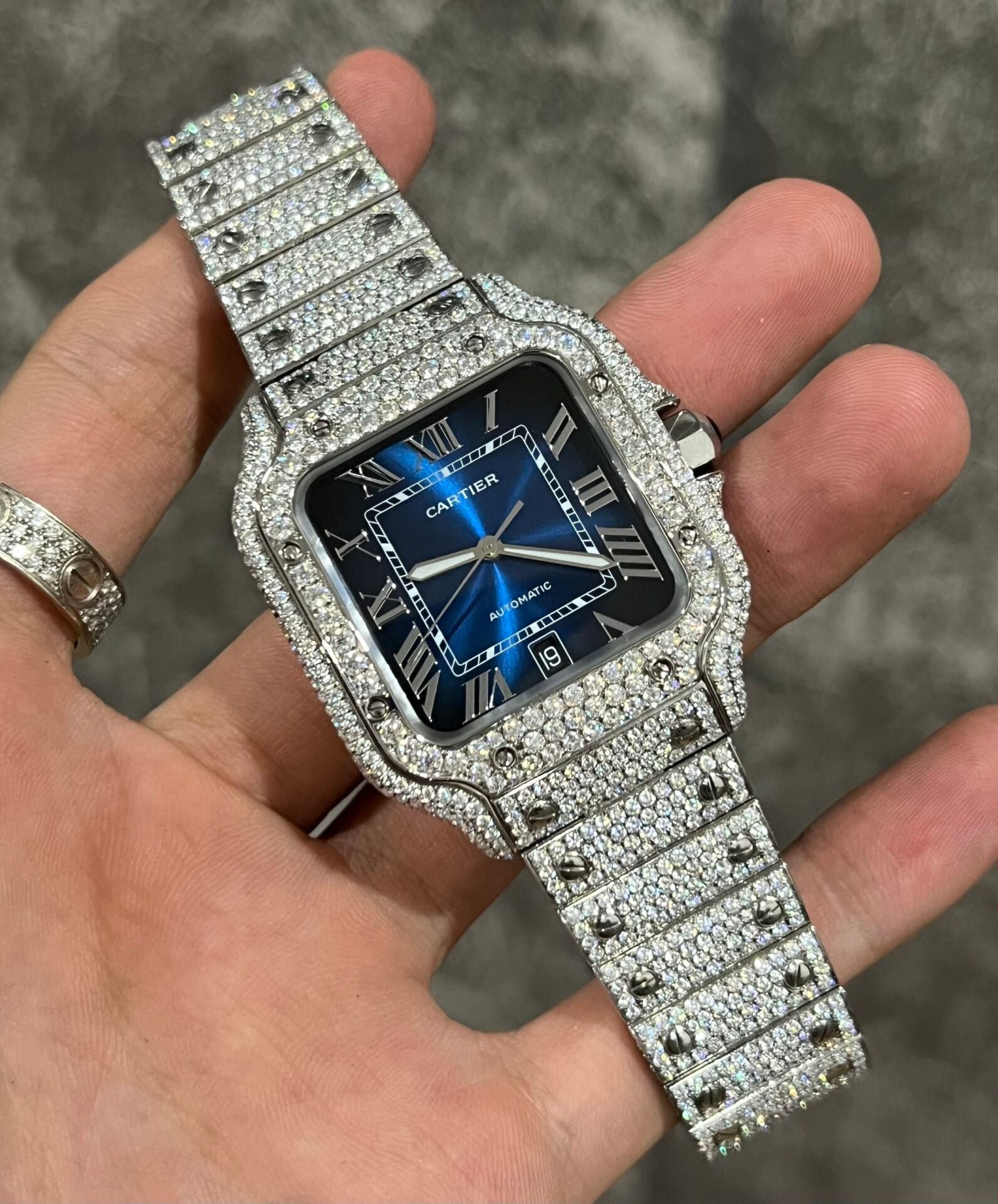 Cartier Santos Watch Moissanite Diamonds Blue Dial 39.8mm - Image 2