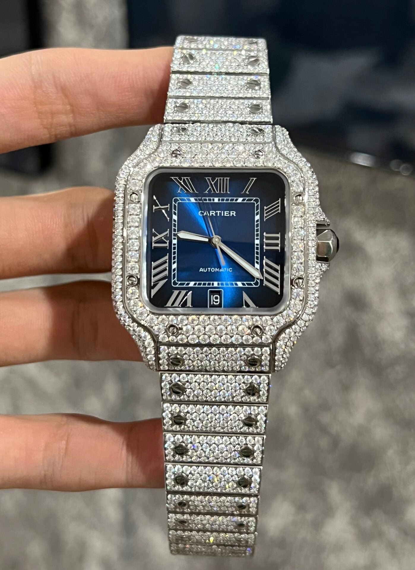 Cartier Santos Watch Moissanite Diamonds Blue Dial 39.8mm