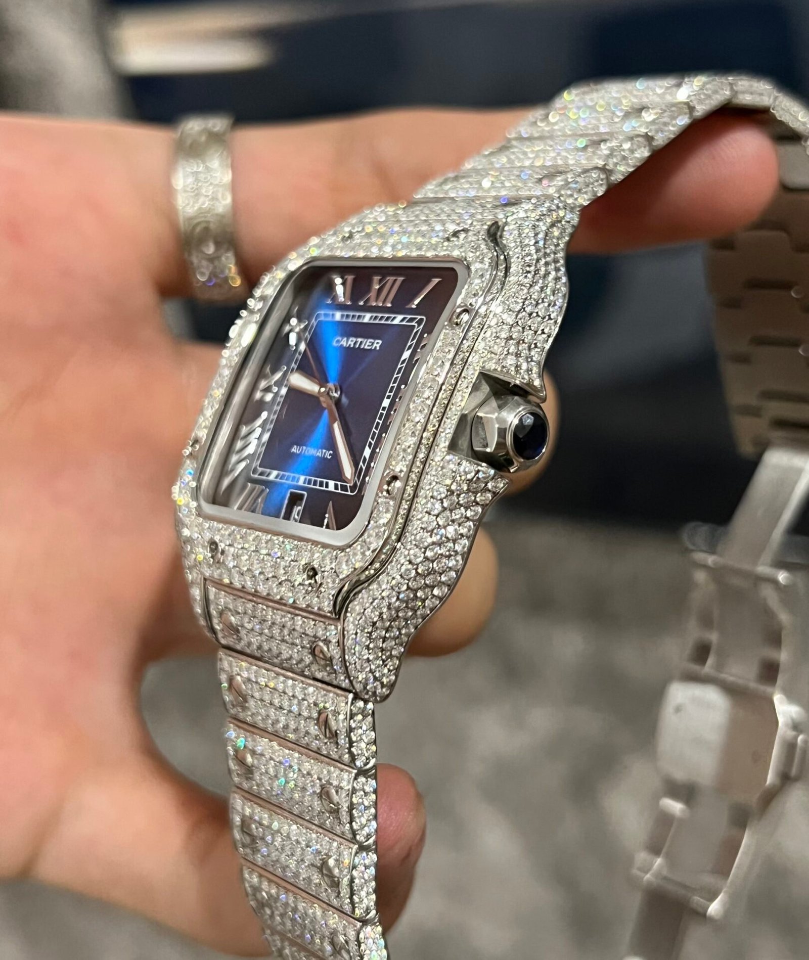 Cartier Santos Watch Moissanite Diamonds Blue Dial 39.8mm - Image 4