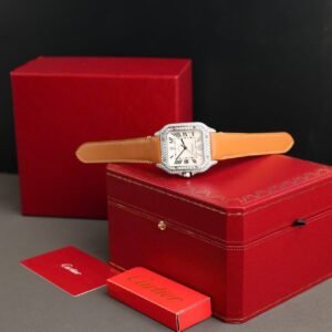 Cartier Santos White Dial Watch Diamonds Moissanite 39.8mm