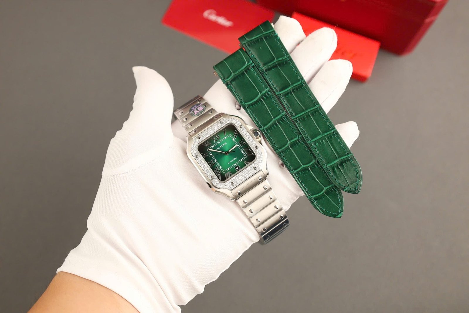 Cartier Santos Green Watch Diamonds Moissanite 39.8mm