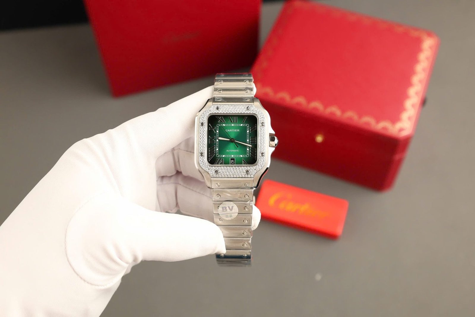 Cartier Santos Green Watch Diamonds Moissanite 39.8mm - Image 2