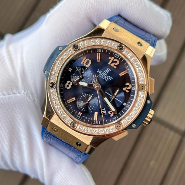 Hublot Big Bang Chronograph Watch King Gold Blue With Diamond Bezel 44mm - Image 4