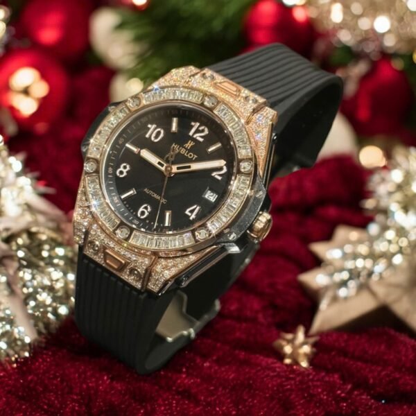 Hublot Big Bang One Click Black Dial Watch Gold Wrapped + Moissanite Diamonds Baguette 39mm - Image 3