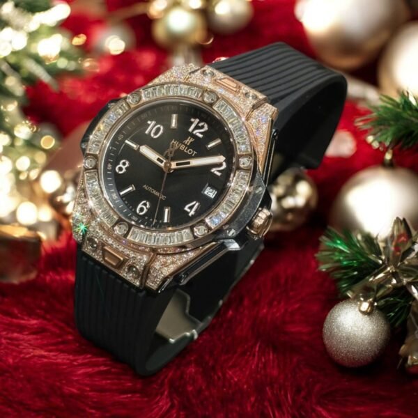 Hublot Big Bang One Click Black Dial Watch Gold Wrapped + Moissanite Diamonds Baguette 39mm - Image 2