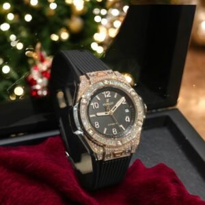 Hublot Big Bang One Click Black Dial Watch Gold Wrapped + Moissanite Diamonds Baguette 39mm
