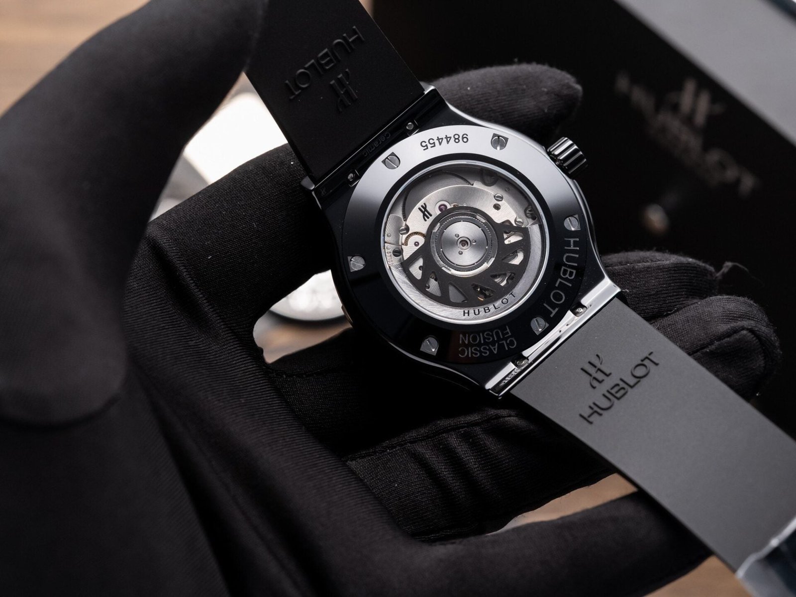 Hublot Classic Fusion Watch Ceramic Carbon Dial Leather Strap 42mm - Image 8