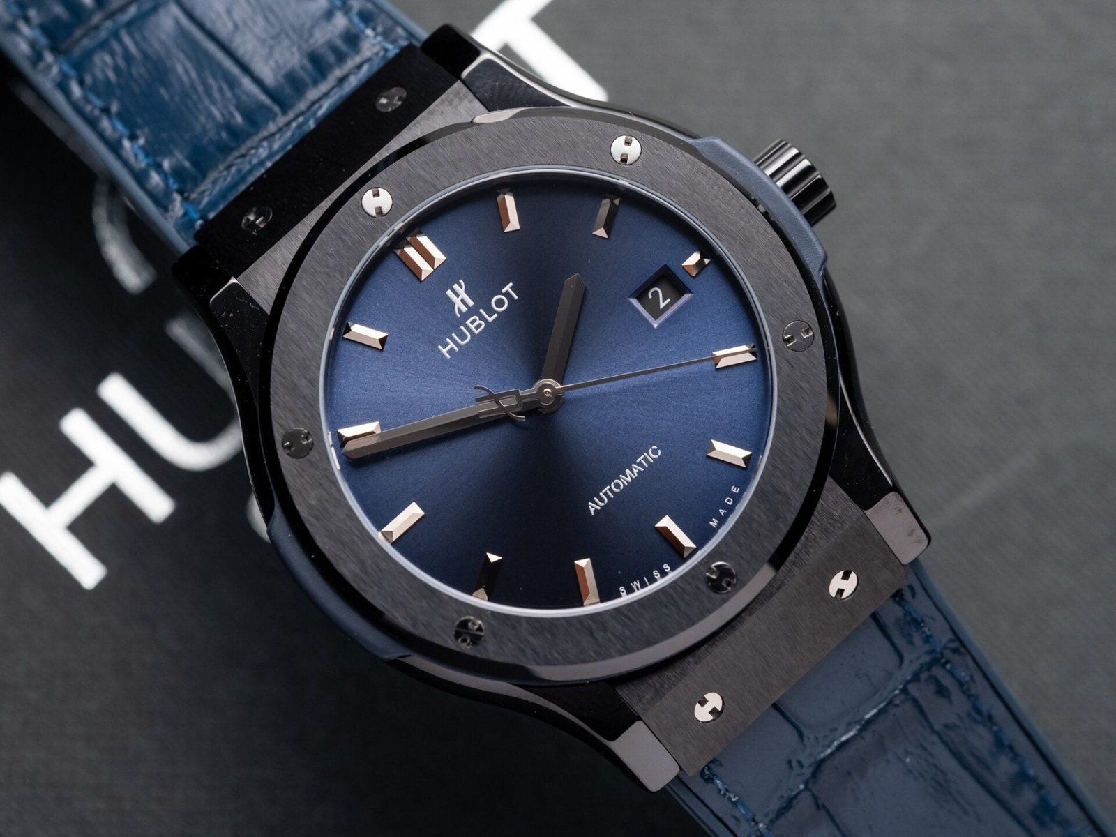 Hublot Classic Fusion Ceramic Blue Dial Watch Leather Strap 42mm - Image 2