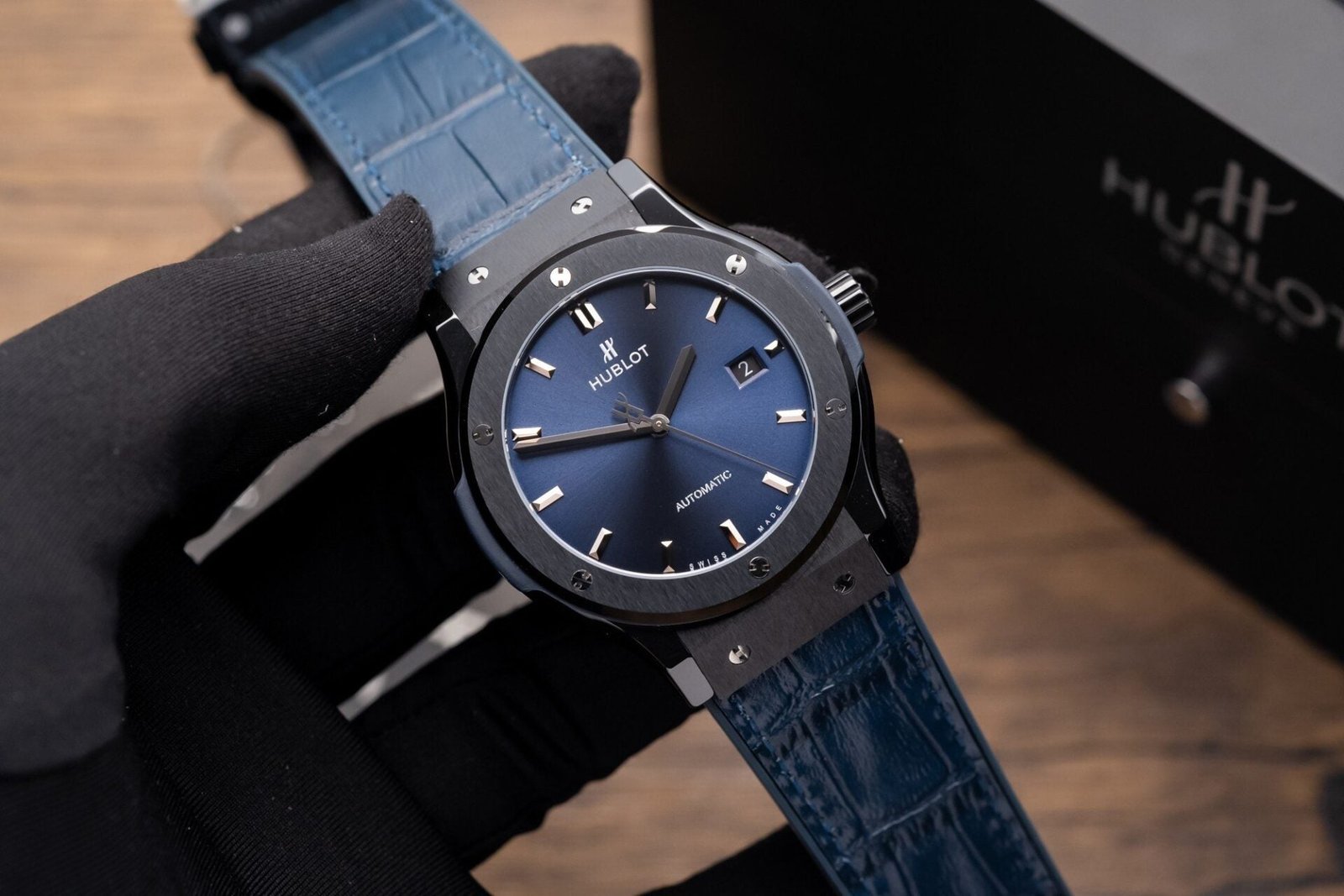 Hublot Classic Fusion Ceramic Blue Dial Watch Leather Strap 42mm