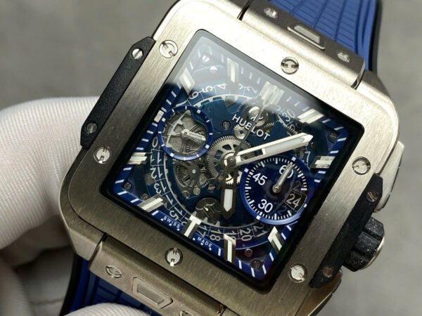 Hublo Square Bang Unico Titanium Watch Blue Rubber Strap 42mm - Image 4