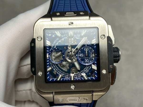 Hublo Square Bang Unico Titanium Watch Blue Rubber Strap 42mm - Image 2