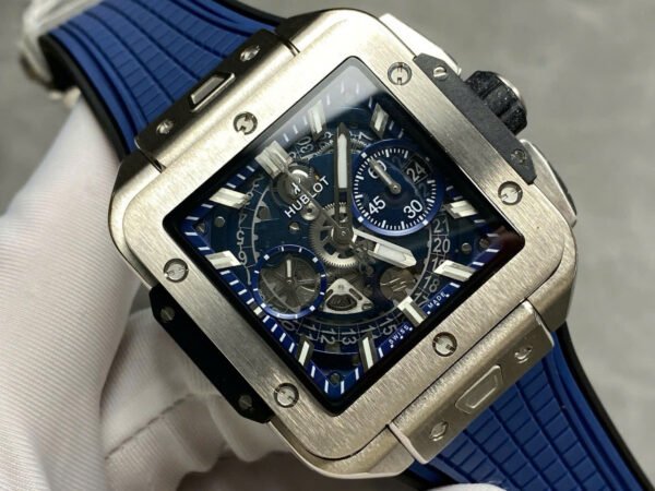 Hublo Square Bang Unico Titanium Watch Blue Rubber Strap 42mm - Image 3