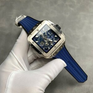 Hublo Square Bang Unico Titanium Watch Blue Rubber Strap 42mm