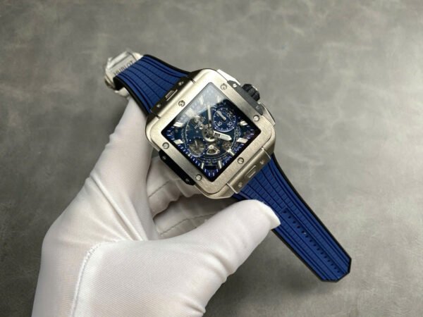 Hublo Square Bang Unico Titanium Watch Blue Rubber Strap 42mm