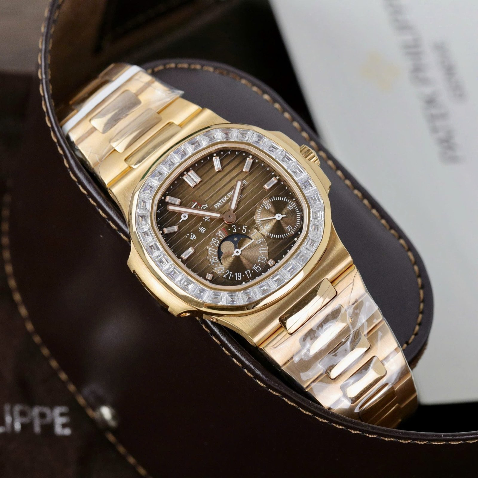 Patek Philippe Nautilus 5724R Brown Dial Watch 18K Gold Wrapped + Diamonds Moissanite Baguette 40mm