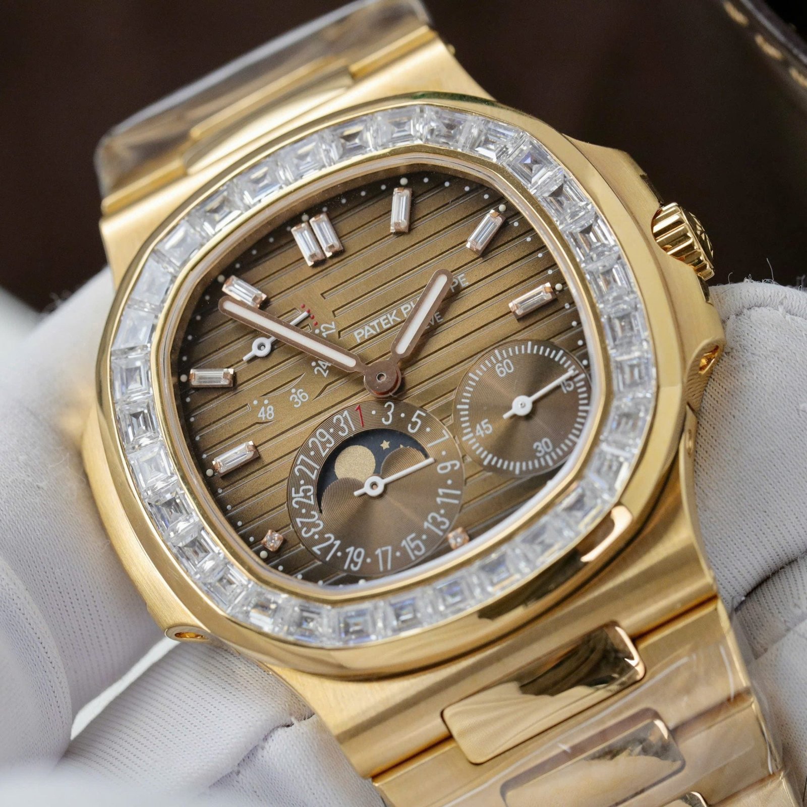 Patek Philippe Nautilus 5724R Brown Dial Watch 18K Gold Wrapped + Diamonds Moissanite Baguette 40mm - Image 2