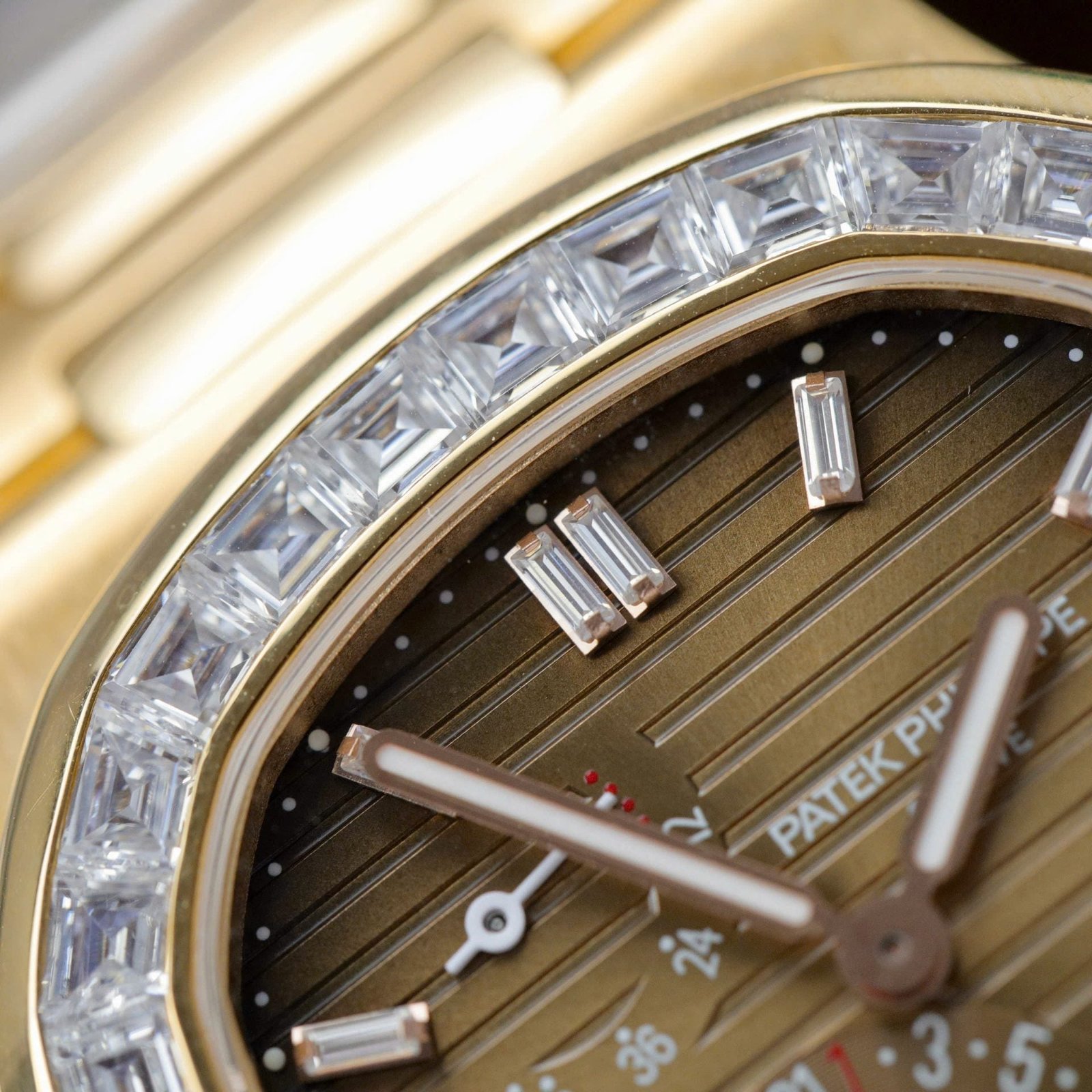 Patek Philippe Nautilus 5724R Brown Dial Watch 18K Gold Wrapped + Diamonds Moissanite Baguette 40mm - Image 3