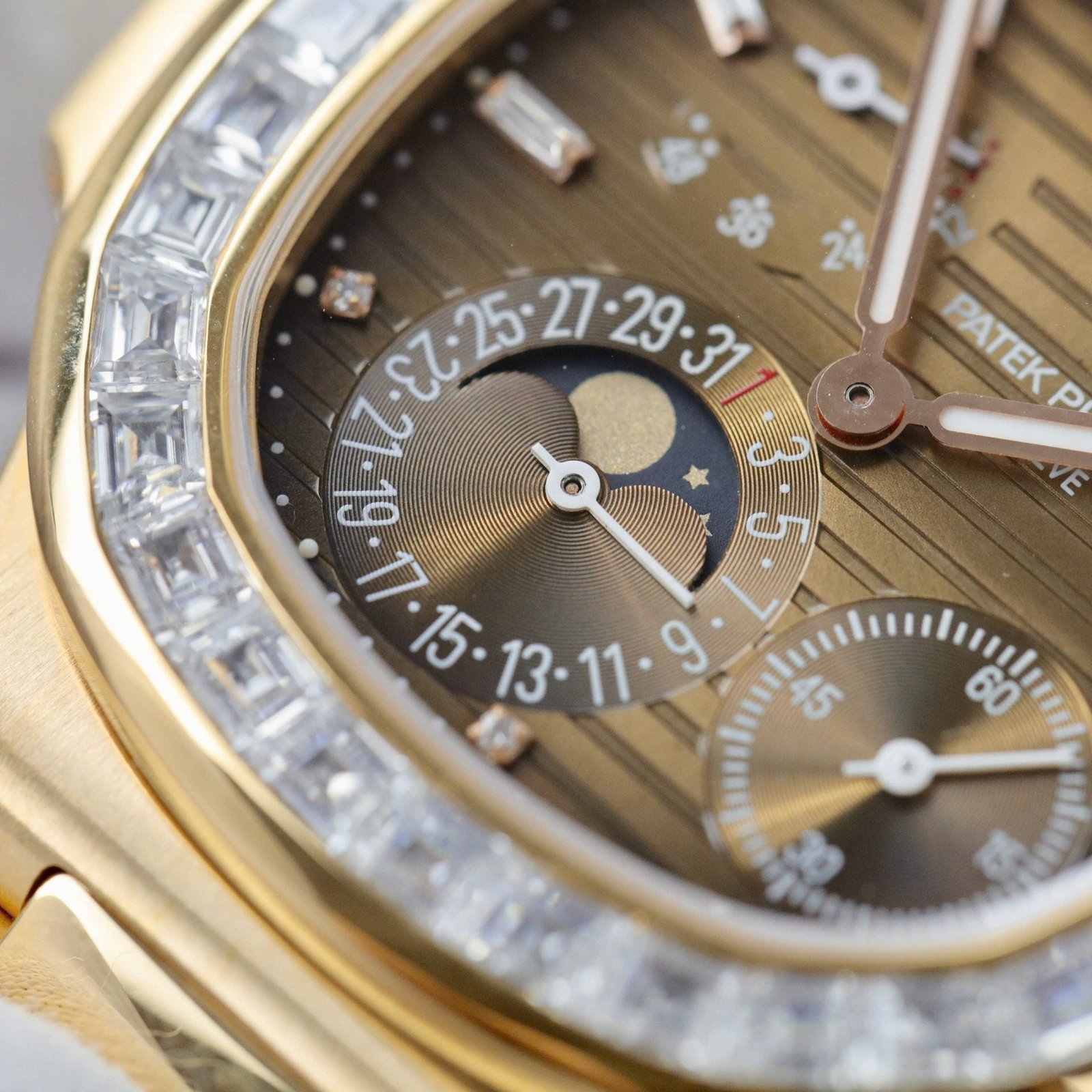 Patek Philippe Nautilus 5724R Brown Dial Watch 18K Gold Wrapped + Diamonds Moissanite Baguette 40mm - Image 4