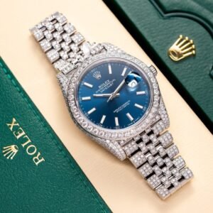 Rolex Date Just 126334 Watch Blue Dial Full Diamond Moissanite 41mm