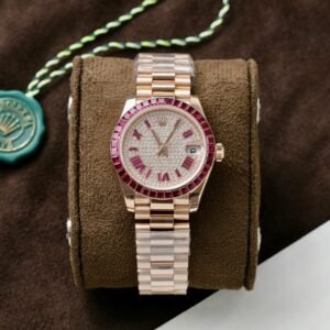 Rolex DateJust Women Gold Wrapped + Ruby Baguette + Diamonds Moissanite 31mm