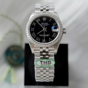 Rolex DateJust Watch Black Dial Bezel Moissanite Diamonds 31mm