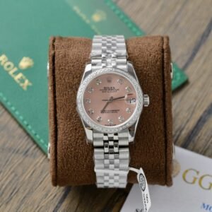 Rolex Date Just Watch Womens Pink Dial Moissanite Diamonds 31mm
